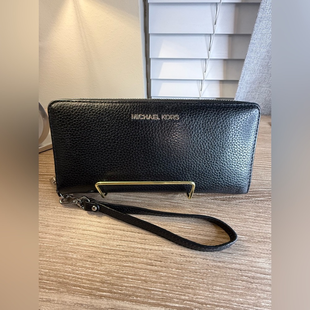 Michael Kors Black Pebbled Leather Wristlet Wallet with Gold Logo